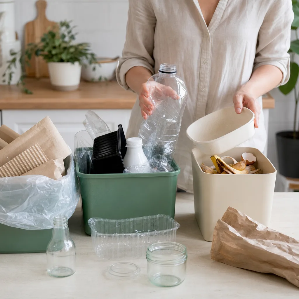 Återvunna plastprodukter och bioplastföremål bredvid varandra på träyta i nordiskt hem