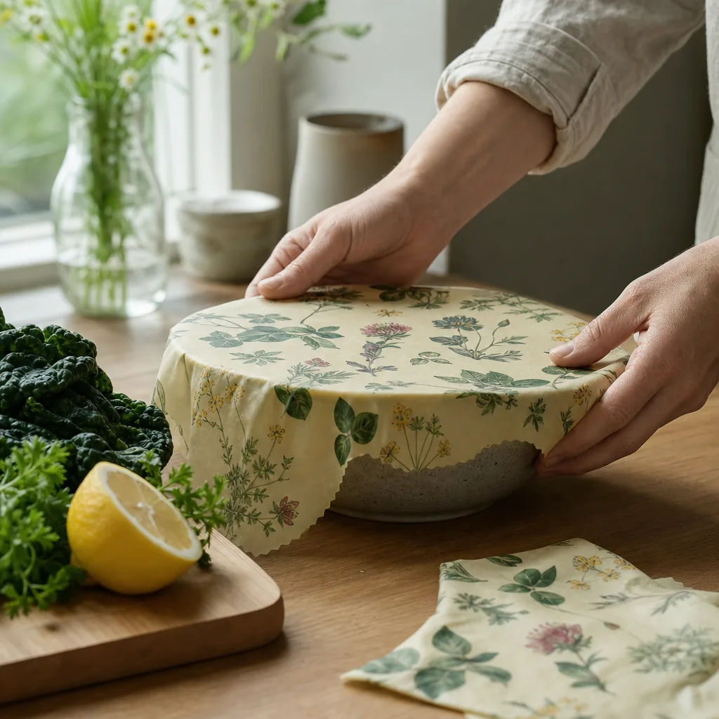 Bivaxduk i ekologisk bomull runt en skål med citron i nordiskt kök