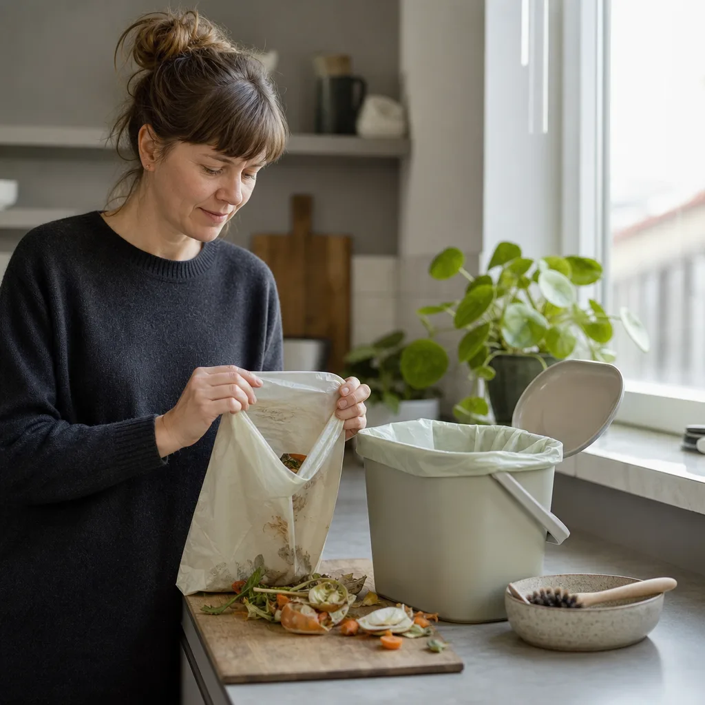 Bioplastprodukt bredvid naturmaterial och majskolv, illustrerar skillnaden mot fossil plast
