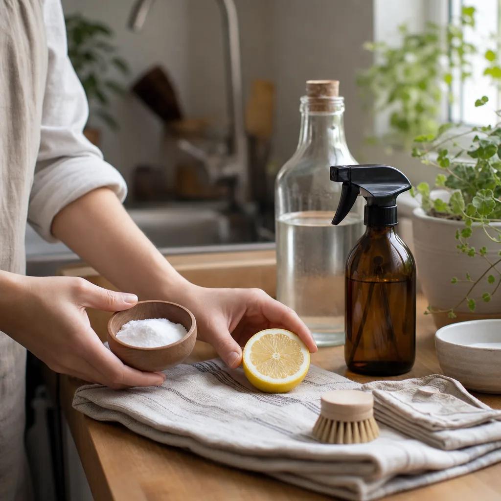 Bikarbonat, ättika och citron i glasskålar på nordisk köksyta