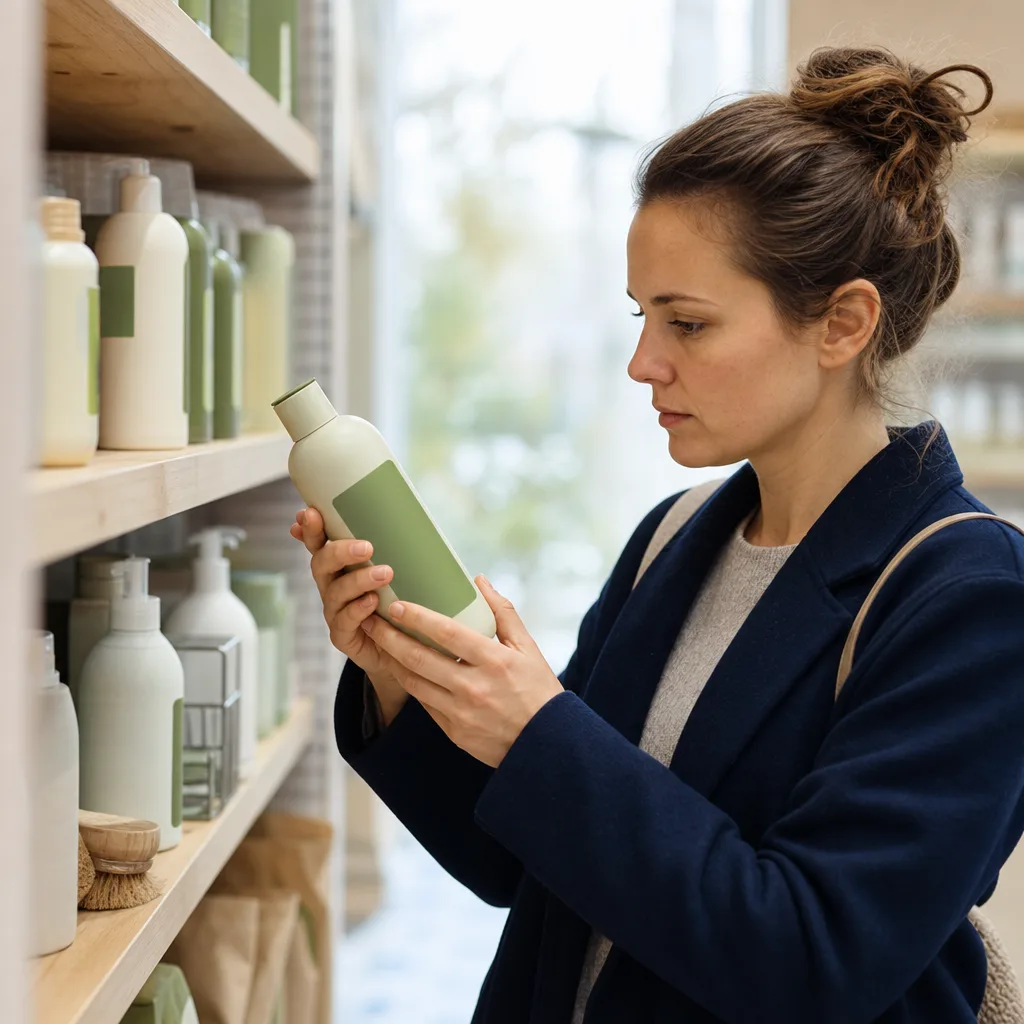 Konsument granskar grön produktetikett kritiskt i butik