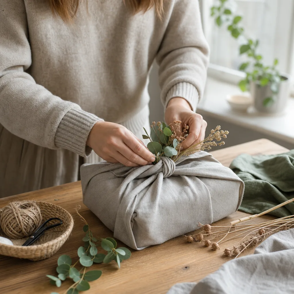 Julklappar inslagna i linne och naturmaterial med trälock och ekologiska produkter