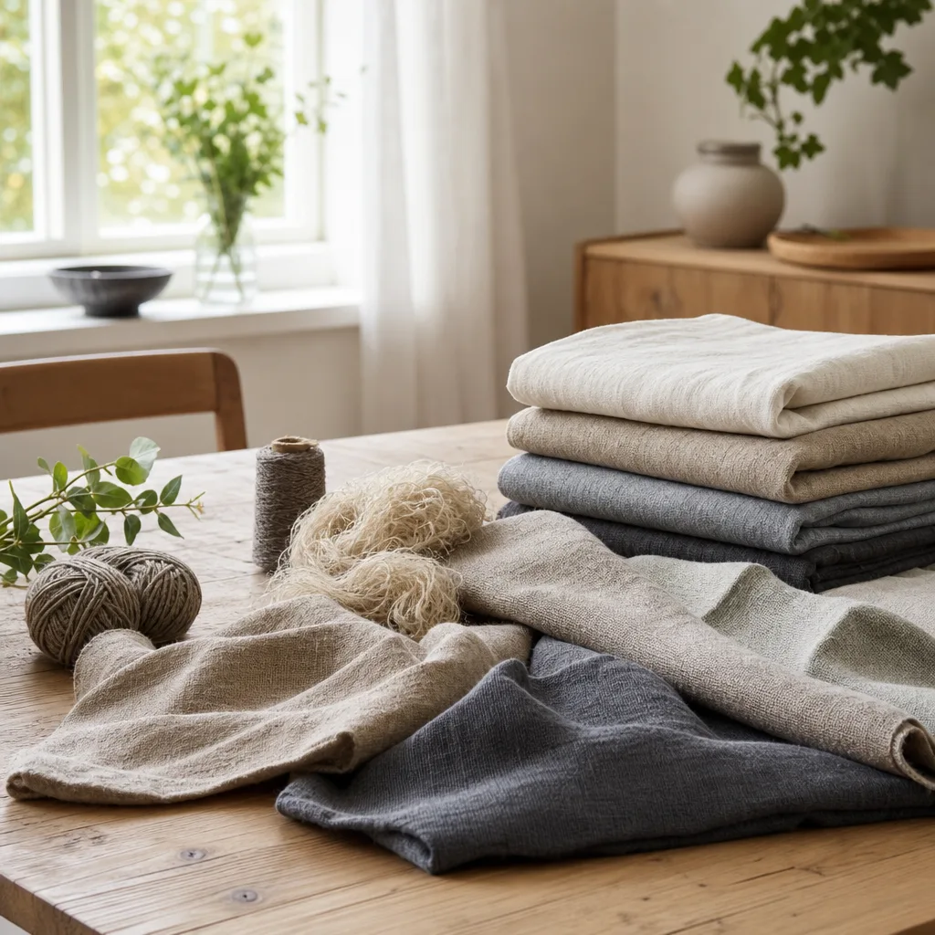Naturmaterial tyger lin hampa bomull och tencel vikta på träyta i nordiskt hem