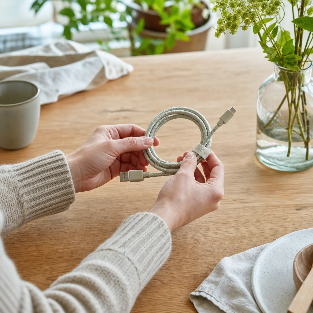 Tygklädd USB-laddkabel av återvunnet material på träyta med växter