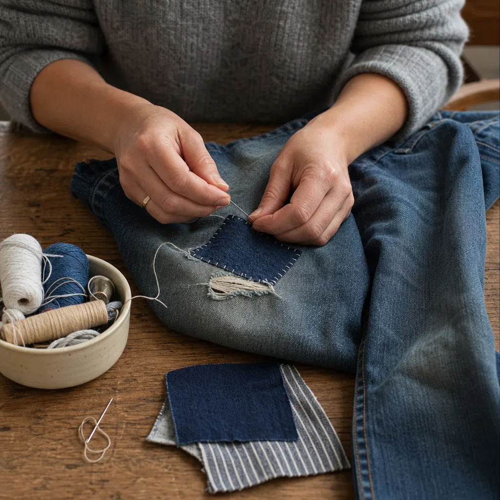 Jeans med sashiko-lagning och påstrykbara lappar på träbord