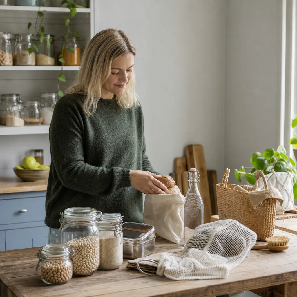 Plastfritt badrum med glasflaskor och naturliga produkter