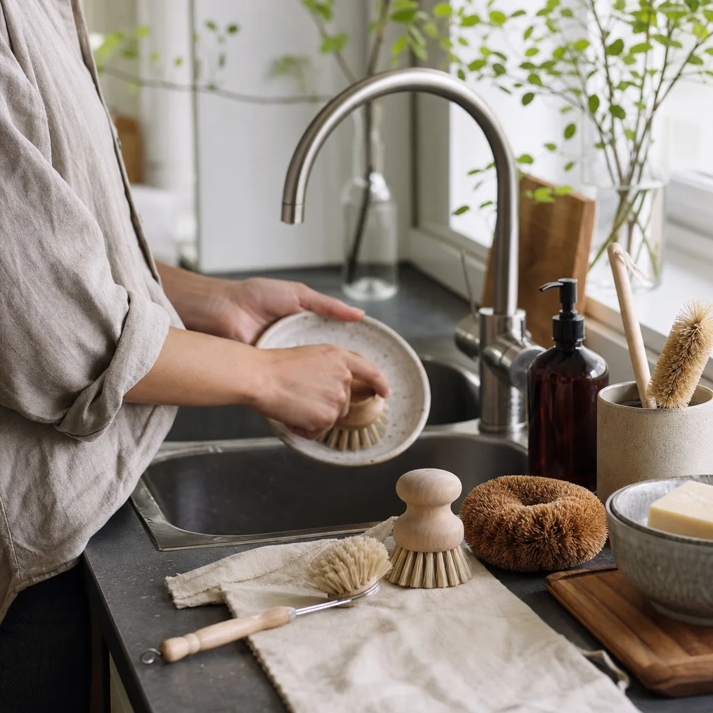 Plastfri diskborste i trä med naturfiber vid nordisk diskho