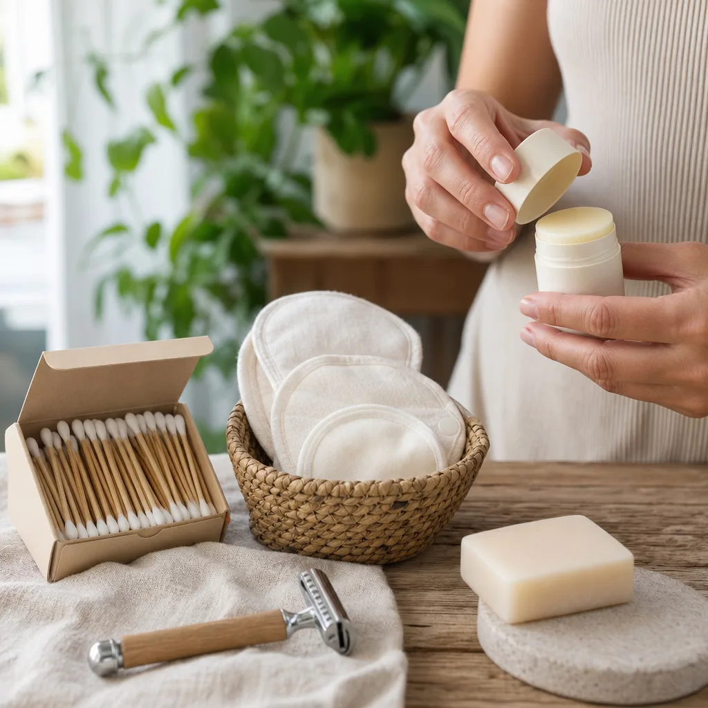 Plastfria hygienprodukter – metall rakhyvel, fast deo och tvättbara bomullspads på badrumsylla
