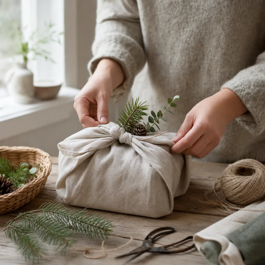 Present inpackad med furoshiki-teknik i tyg, naturmaterial utan plastfolie