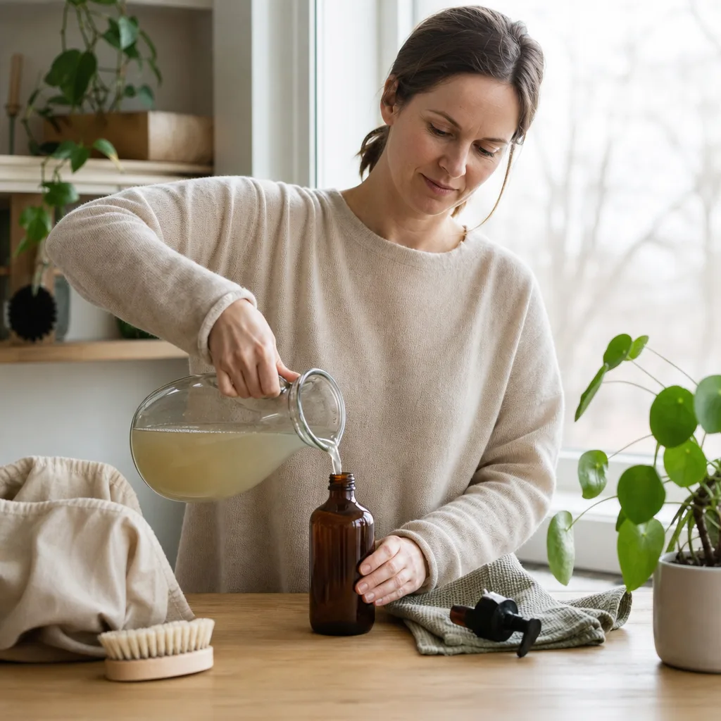 Refill rengöringstabletter och återanvändbara sprayflaskor på hylla