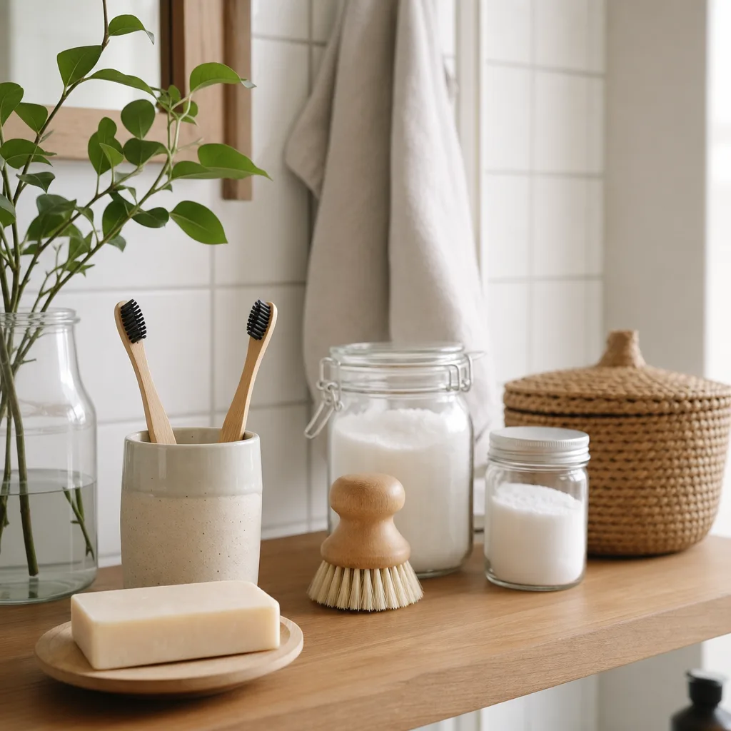 Plastfria badrumsprodukter på handduk – bambutandborste, fast tvål och fast schampo
