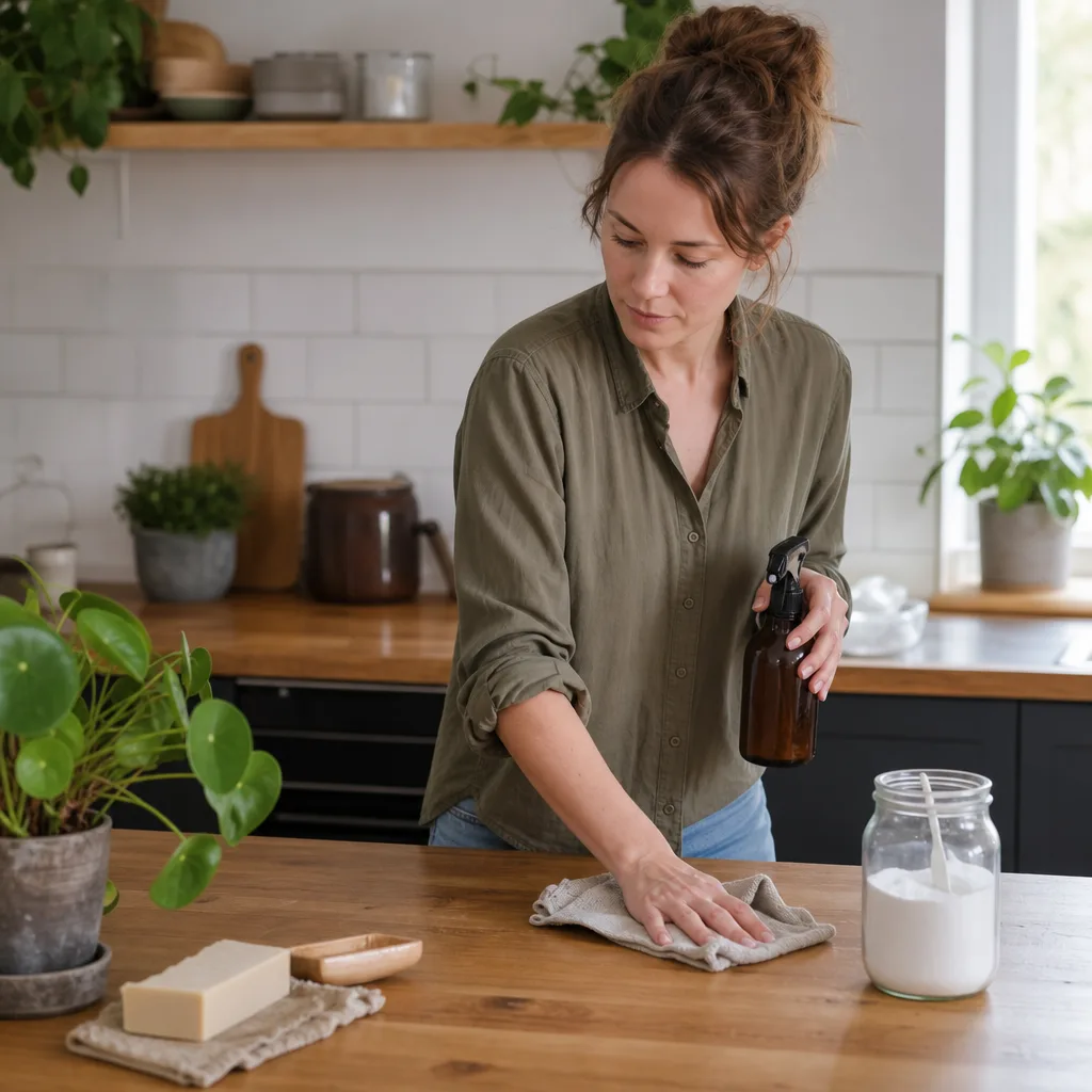 Plastfritt kök med träredskap och återanvändbara produkter i nordiskt hem