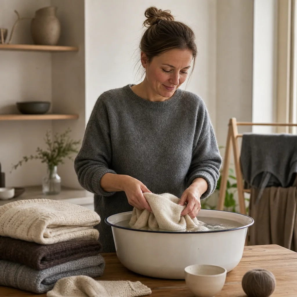 Mjuk ullkofta som lufttorkar plant på en handduk i skandinaviskt hem