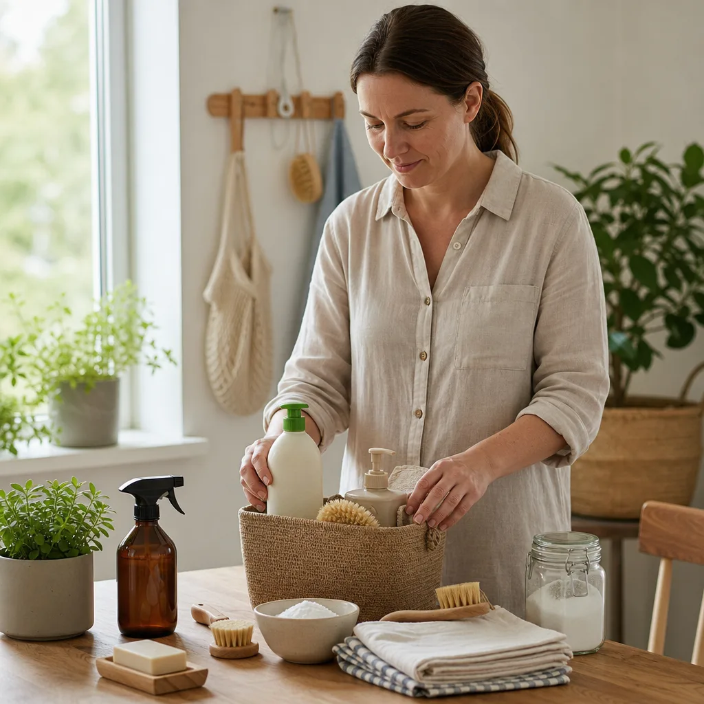 Svanenmärkta produkter på köksbänk i nordiskt hem