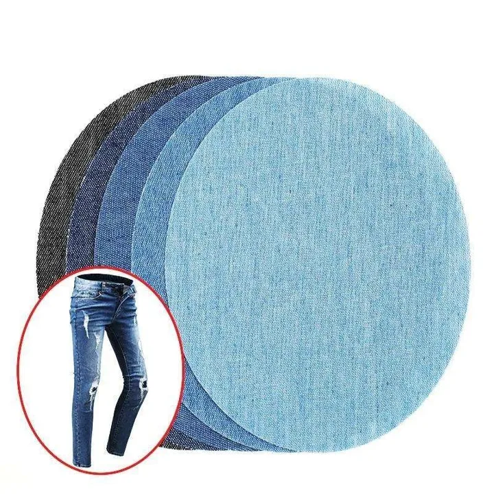 Fem ovala påstrykbara denimlappar i olika jeansnyanser