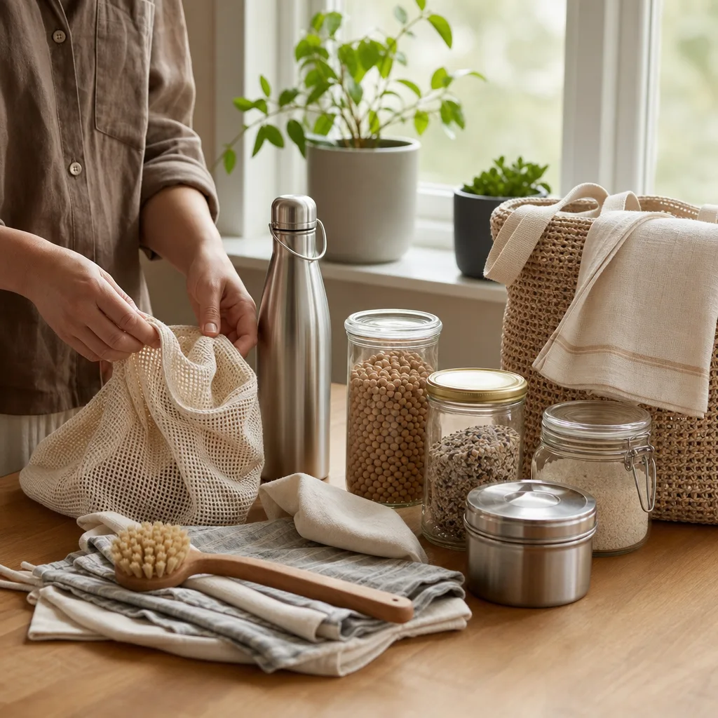 Zero waste startkit med vattenflaska, bivaxduk och fast tvål på köksbänk