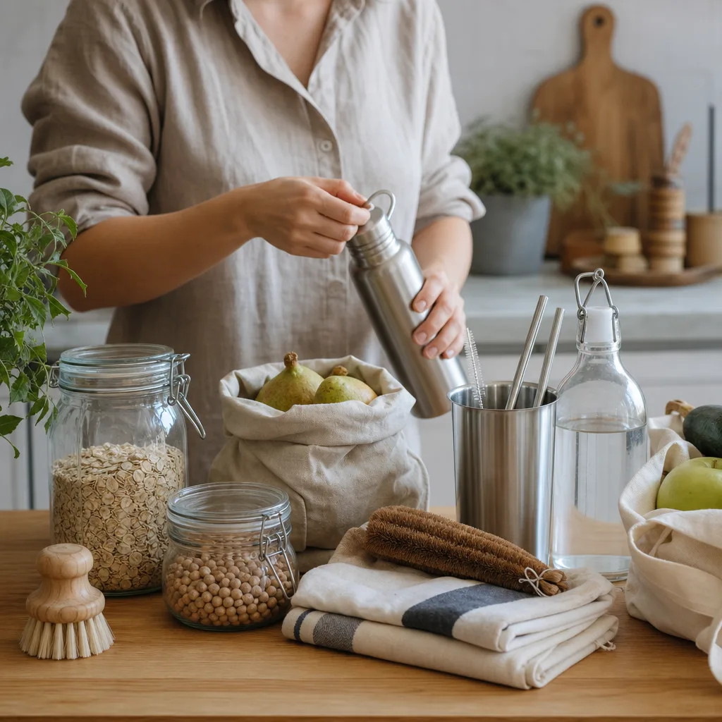 Zero waste kök med glasburkar och tygpåsar på köksbänk